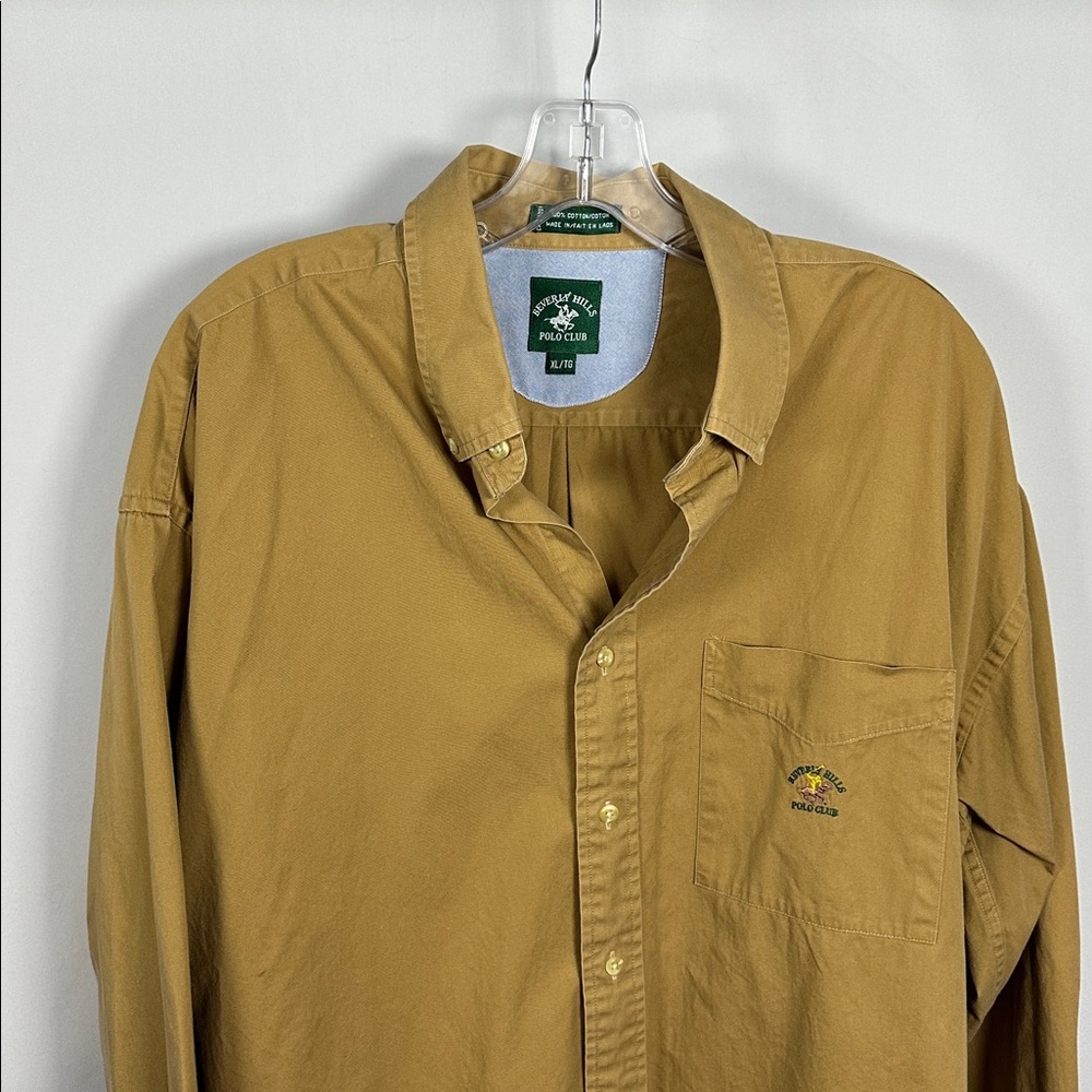 Beverly Hills Polo Club Button-Up Shirt Men’s XL Tan Logo Pocket Cotton - Picture 2 of 8